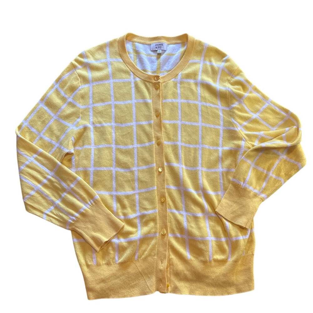 Crown & Ivy Yellow White Windowpane Cardigan Sweater Women's Large 100% Cotton